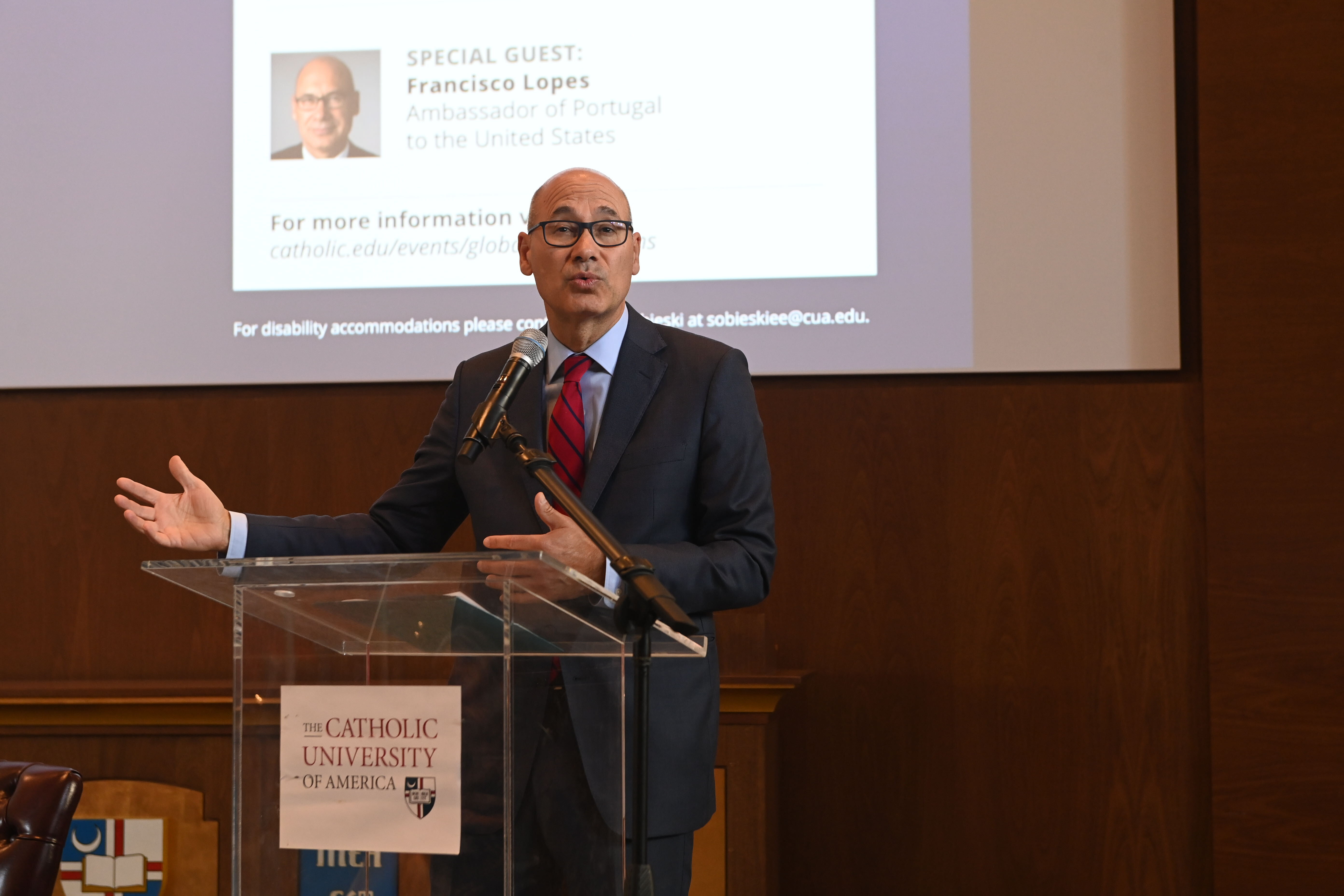 The world does not have the &#8220;luxury&#8221; to ignore the international challenges of energy pollution, said Portugal&#8217;s ambassador to the United States during the Global Connections Series discussion at The Catholic University of America April 12. The Hon. Francisco Lopes, who spoke on &#8220;Sustainability &amp; Innovation: Efforts to Reduce Human Impact on the Earth,&#8221; said the world must combine forces to make a difference on the pollution issue.