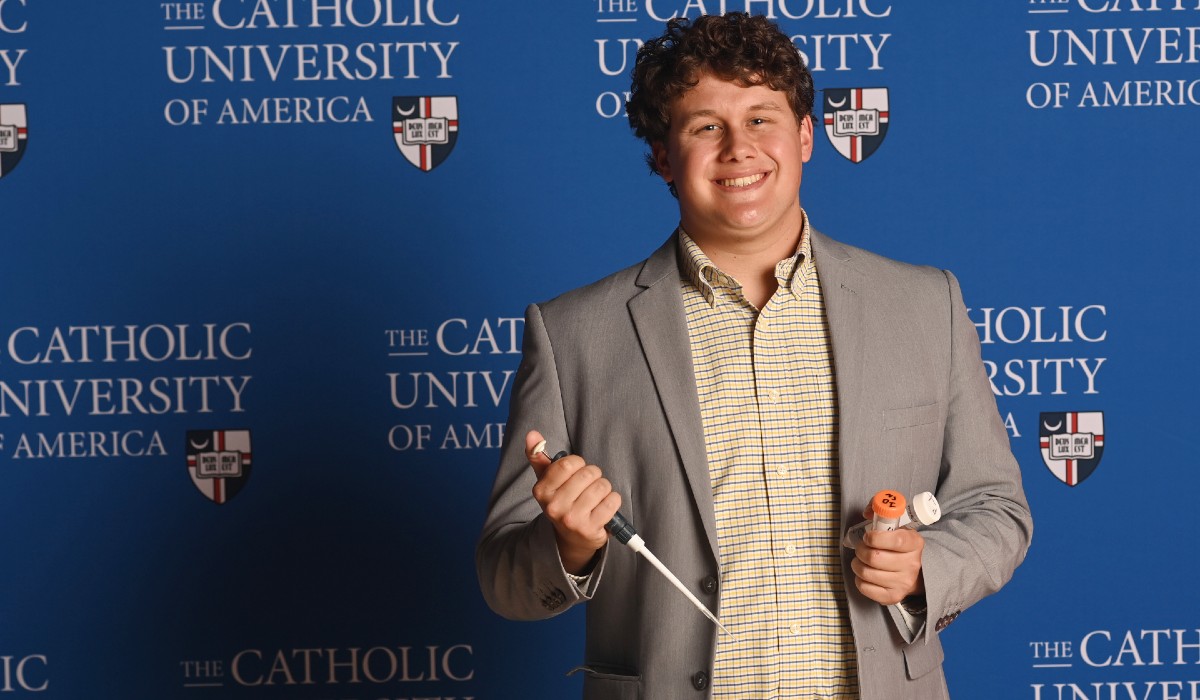 Elijah Feret found a second home at Catholic University through the support of the swim team, faculty, and Campus Ministry. Balancing rigorous biomedical engineering studies and competitive swimming, he graduated magna cum laude and is now set to pursue a doctoral program in nanoengineering.