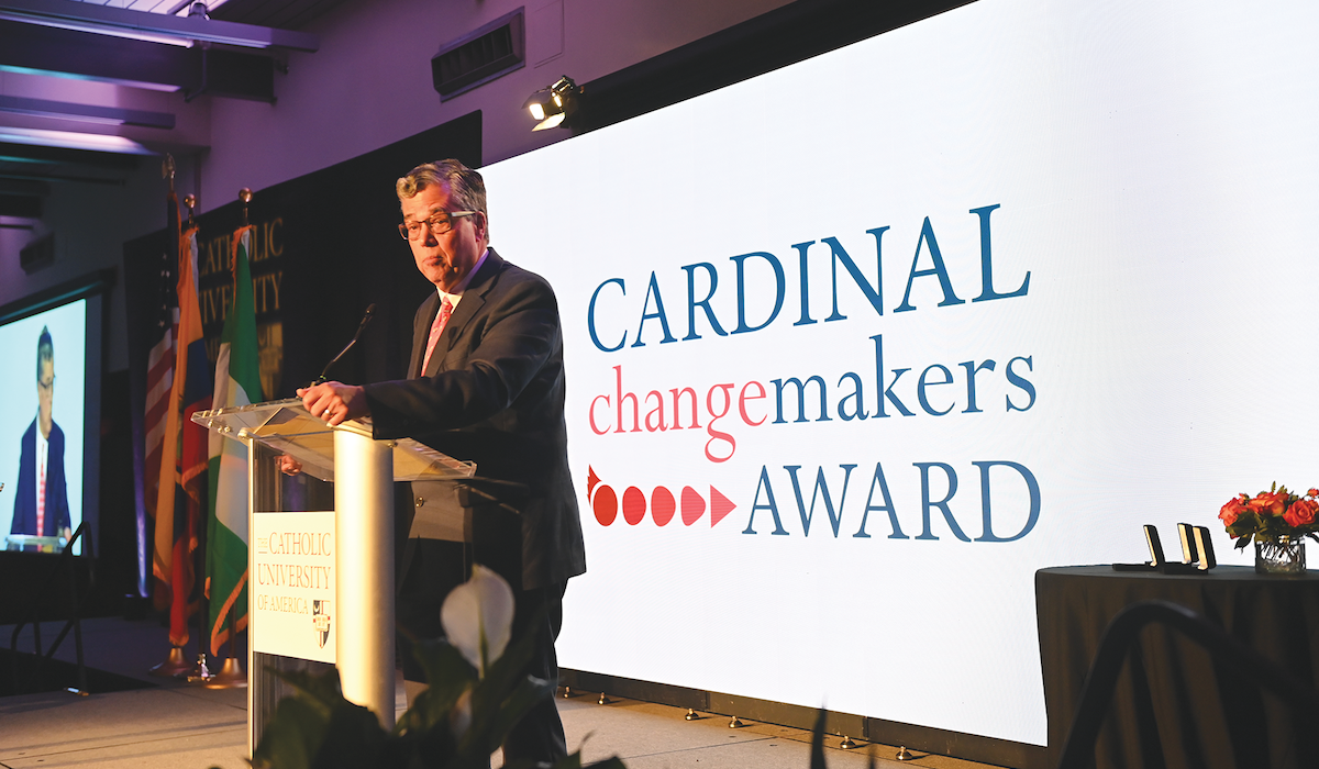 Dr. Peter Kilpatrick announces the Cardinal Changemakers award at the Opus Prize ceremony.