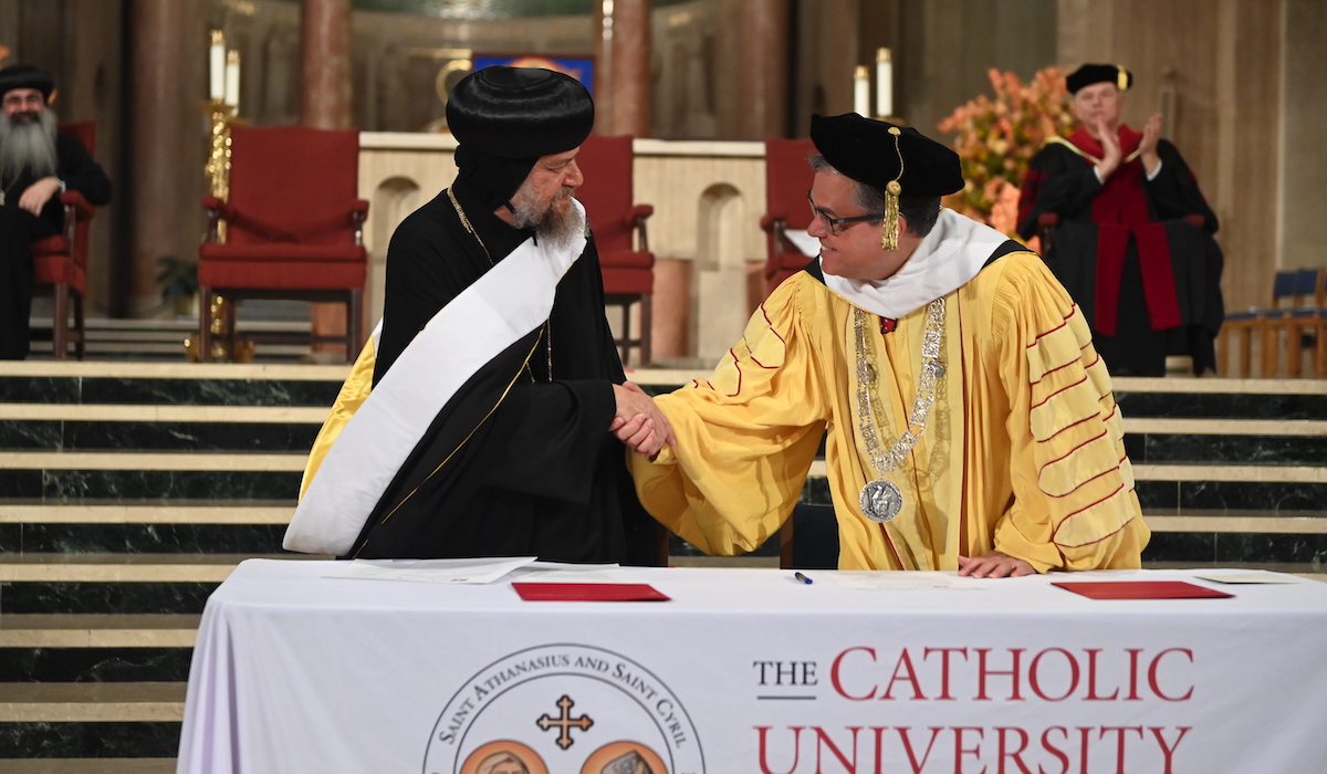 The Catholic University of America and the Coptic Orthodox Church deepened their relationship on Nov. 5, with the conferral of an honorary degree and the signing of a memorandum of agreement between the University and St. Athanasius and St. Cyril Coptic Theological School (ACTS) in Los Angeles.