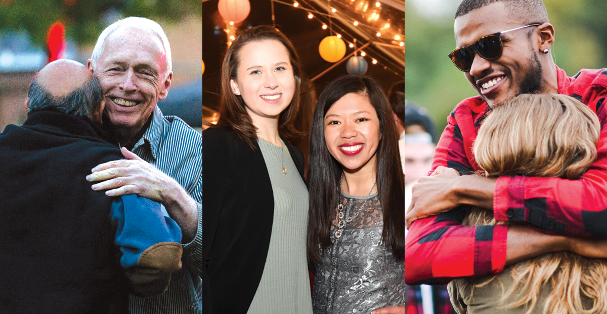 collage of students and alumni embracing each other