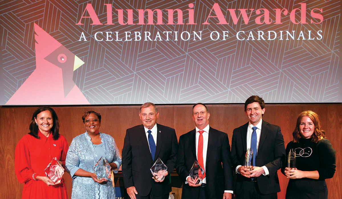 From left to right: Carol Spahn, Wanda Peters, Lt. Gen. Donald Lamontagne, Peter Forlenza, Brendan Duffy, Amanda Pellegrino at the alumni awards ceremony