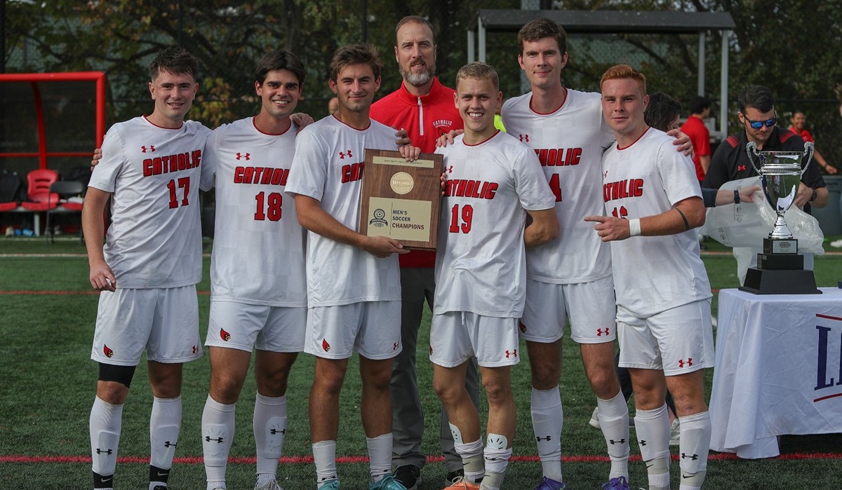 Connor Bailey (third from left), helped guide the men's soccer team to a Landmark Championship in 2023. 