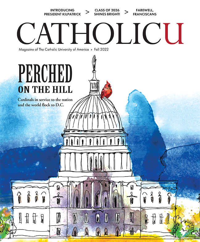 cover of Fall 2022 magazine featuring a watercolor painting of the US Capitol building with a cardinal on top