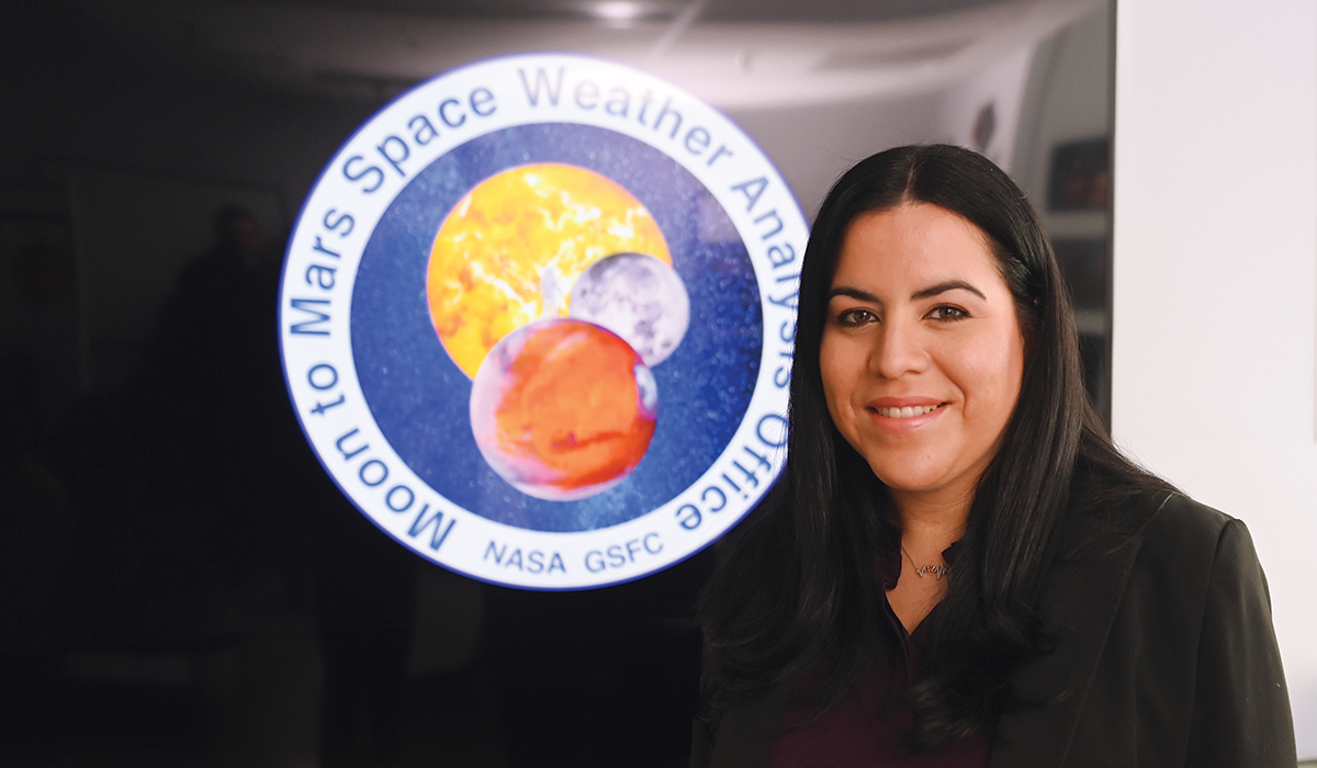 Director of the Moon to Mars Space Weather Analysis Office Yaireska “Yari” Collado-Vega, Ph.D. 2013, in the team’s headquarters.