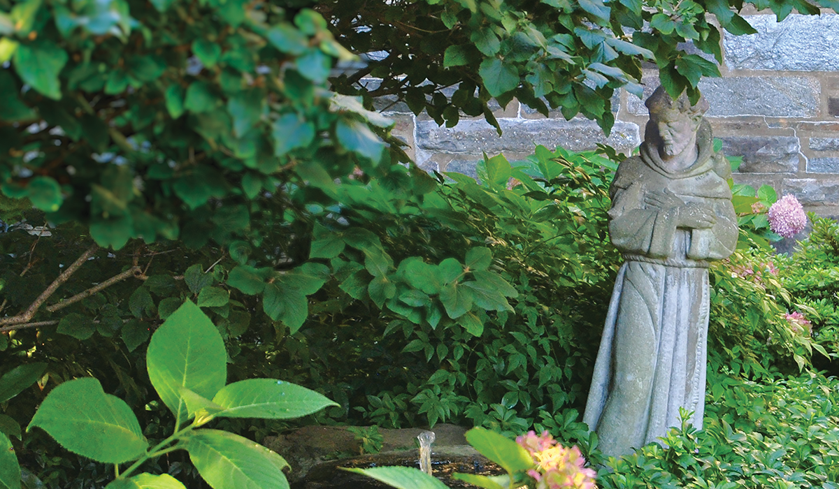 Statue of St. Francis in a green garden