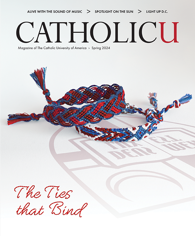 front cover of CUA Spring 2024 magazine featuring 2 woven bracelents