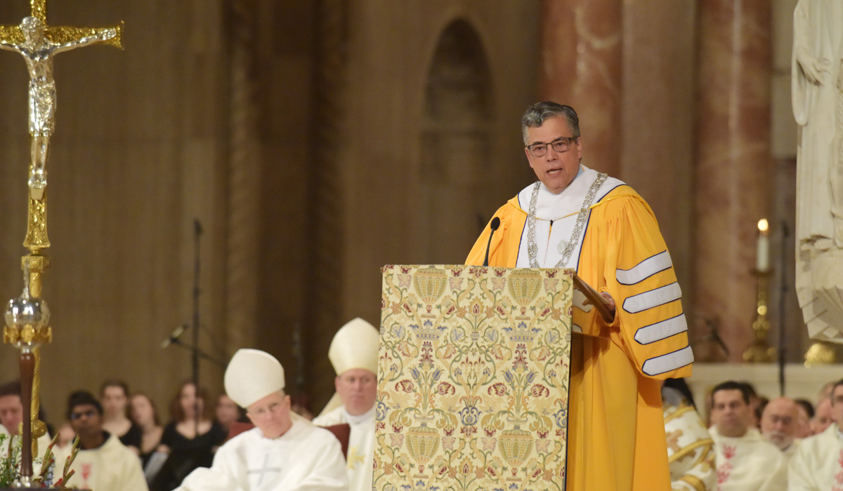 At his installation as 16th president of Catholic University on Nov. 11, Dr. Peter Kilpatrick said his vision includes cultivating greater love of God and neighbor and significant institutional growth.