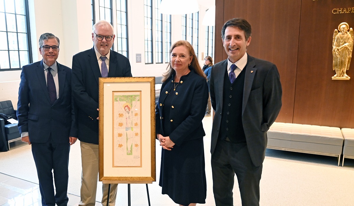 An image of the crucified Christ drawn by human rights activist and Catholic convert Jimmy Lai from his prison cell was unveiled by his friends and supporters on Thursday in Maloney Hall.