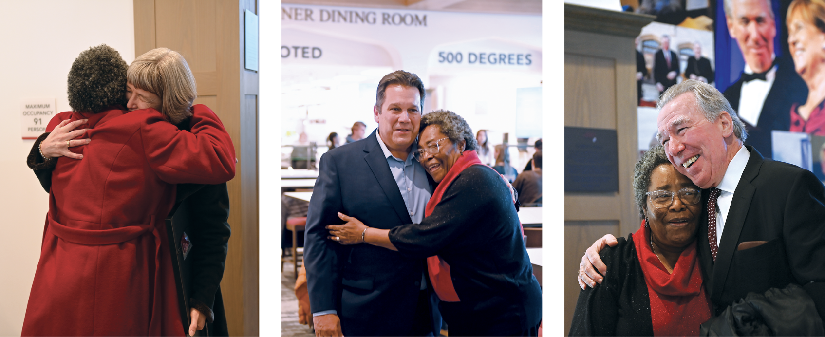 Ms. Willie hugging various CatholicU community members at the dedication of Garvey Hall.