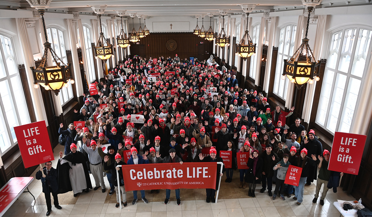 Overhead shot of university march for life participants