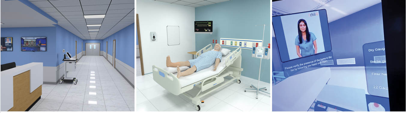 Left two images: The virtual hospital — a 3D-screen-based application — is a multipatient simulation that focuses on prioritization of care. (Images courtesy Tata Consultancy Services) Right image: A simulation of lumbar puncture procedure. 