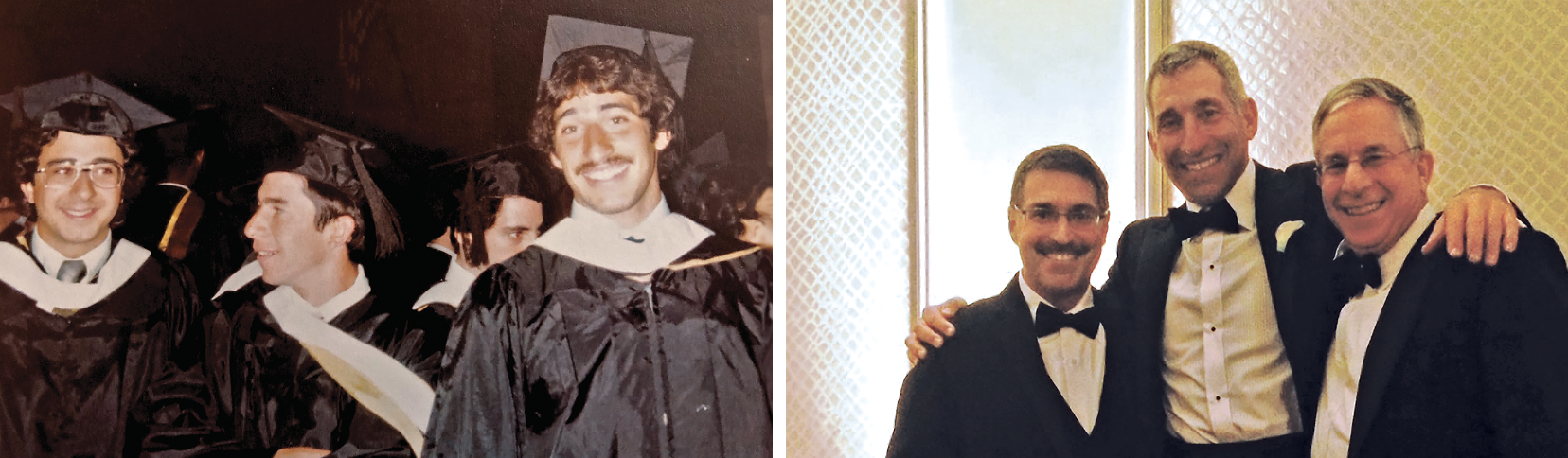 Left: Joe Janela, Matt Kurkjian, and Mark Travaglini shared a laugh at graduation. Right: Chris DiPasquale, Kurkjian, and Travaglini years later at Travaglini’s daughter’s wedding.