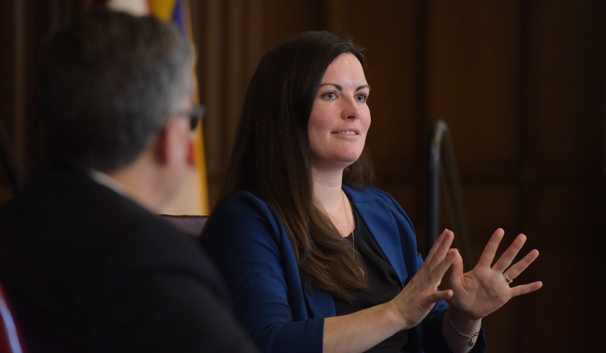 Catholic University President Dr. Peter Kilpatrick and featured speaker Abigail Favale led a conversation on Catholicism and gender issues in a crowded Heritage Hall at the opening installment of the new Presidential Speaker Series March 21.