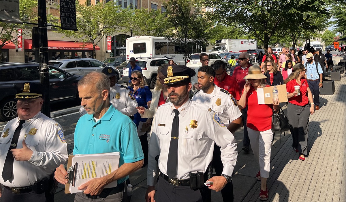 University President Dr. Peter Kilpatrick brought together Catholic University leadership, law enforcement, and Brookland community members for the first University-wide safety walk to identify and discuss increased safety and security measures on the campus perimeter July 25.