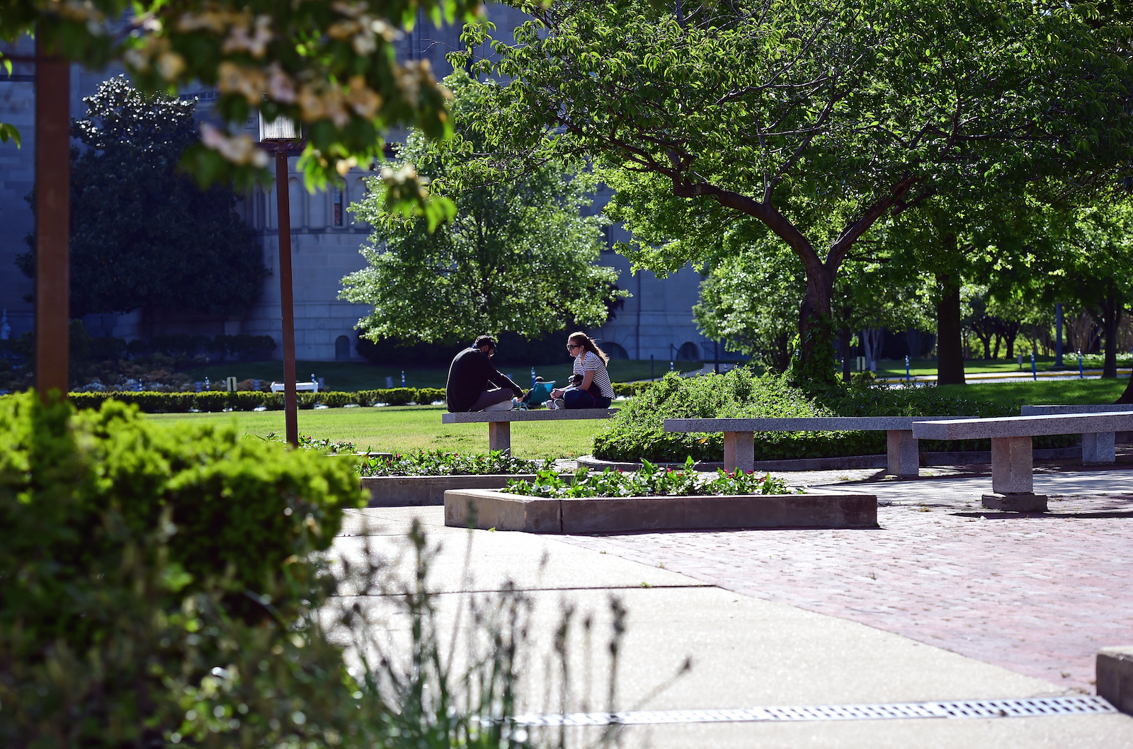 students sitting on a bench in a a plaza surrounded by greenery on campus