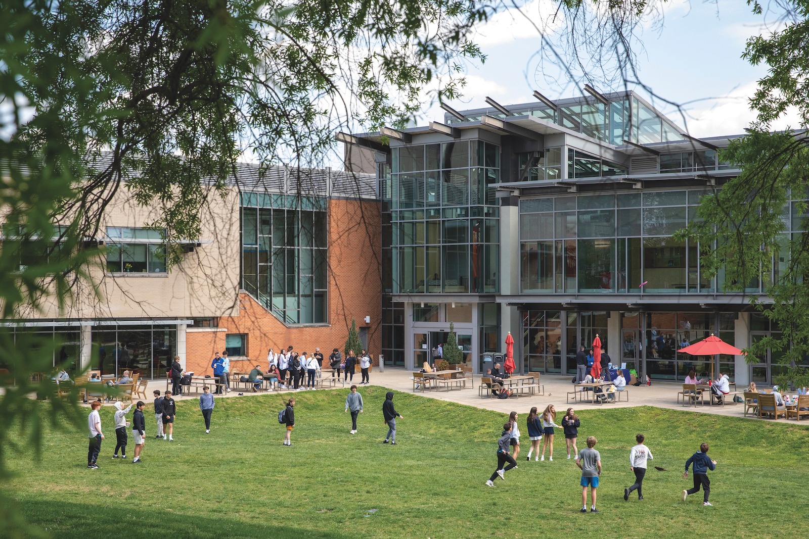 students playing on a lawn on campus