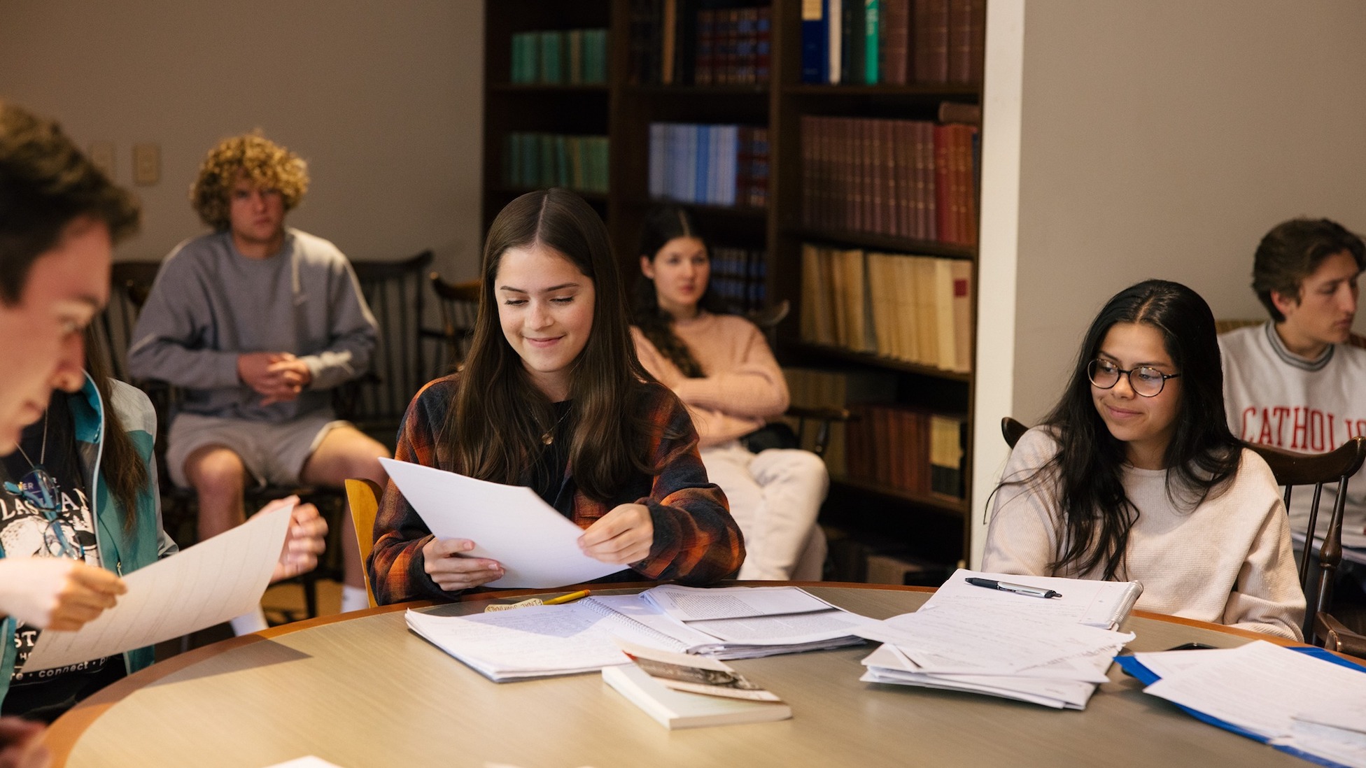 students reading during class