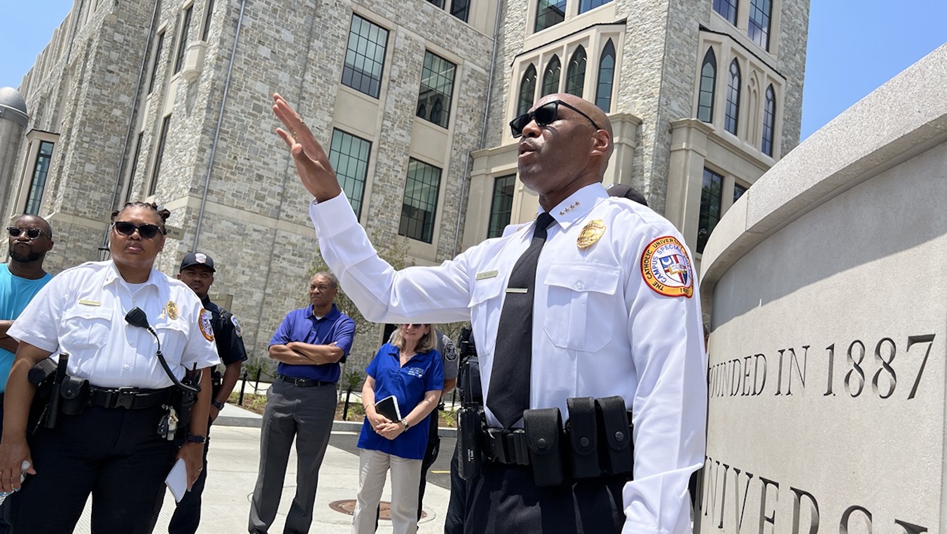 department of public safety officer leading a safety walk on campus