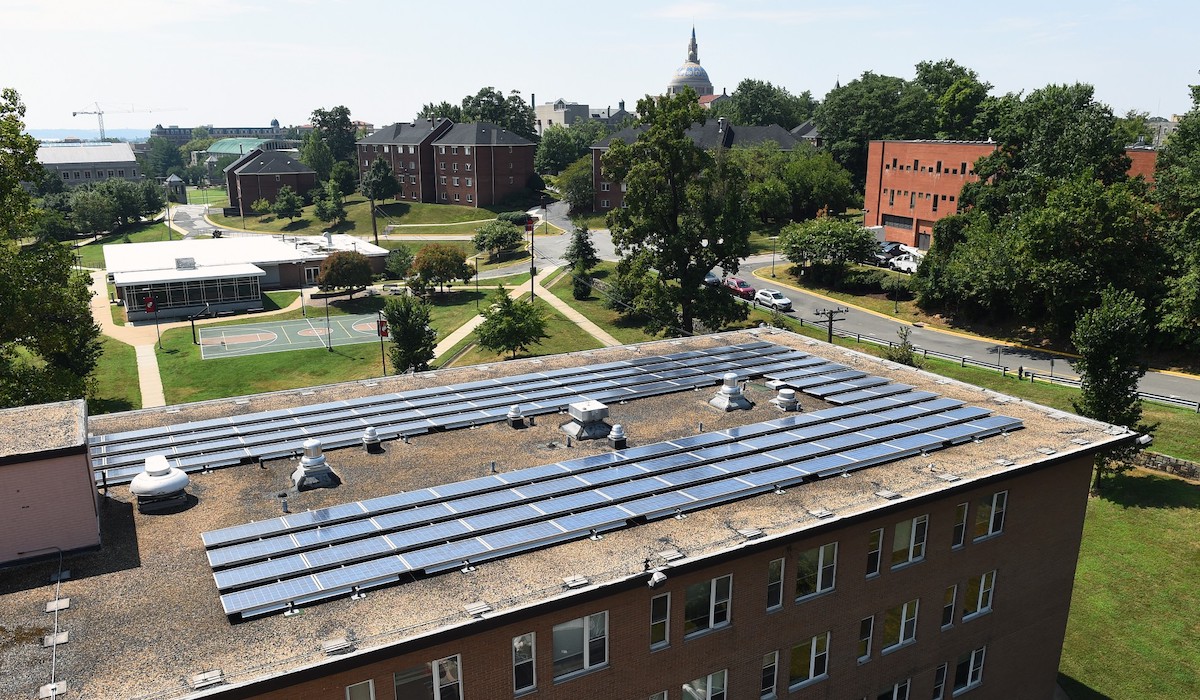 solar panels on a roof on campus