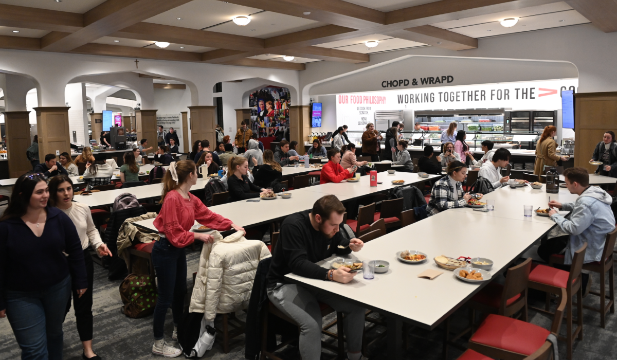 Garvey Dining Hall on a typical day, filled with students enjoying lunch.