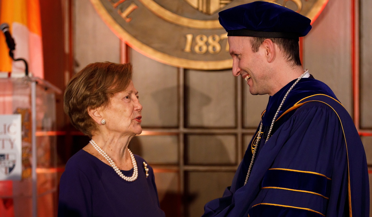 The School of Theology and Religious Studies (STRS) celebrates the installation of David Elliot, professor of Catholic moral theology and ethics, as the Grace P. Hobelman Chair in Catholic Moral Theology