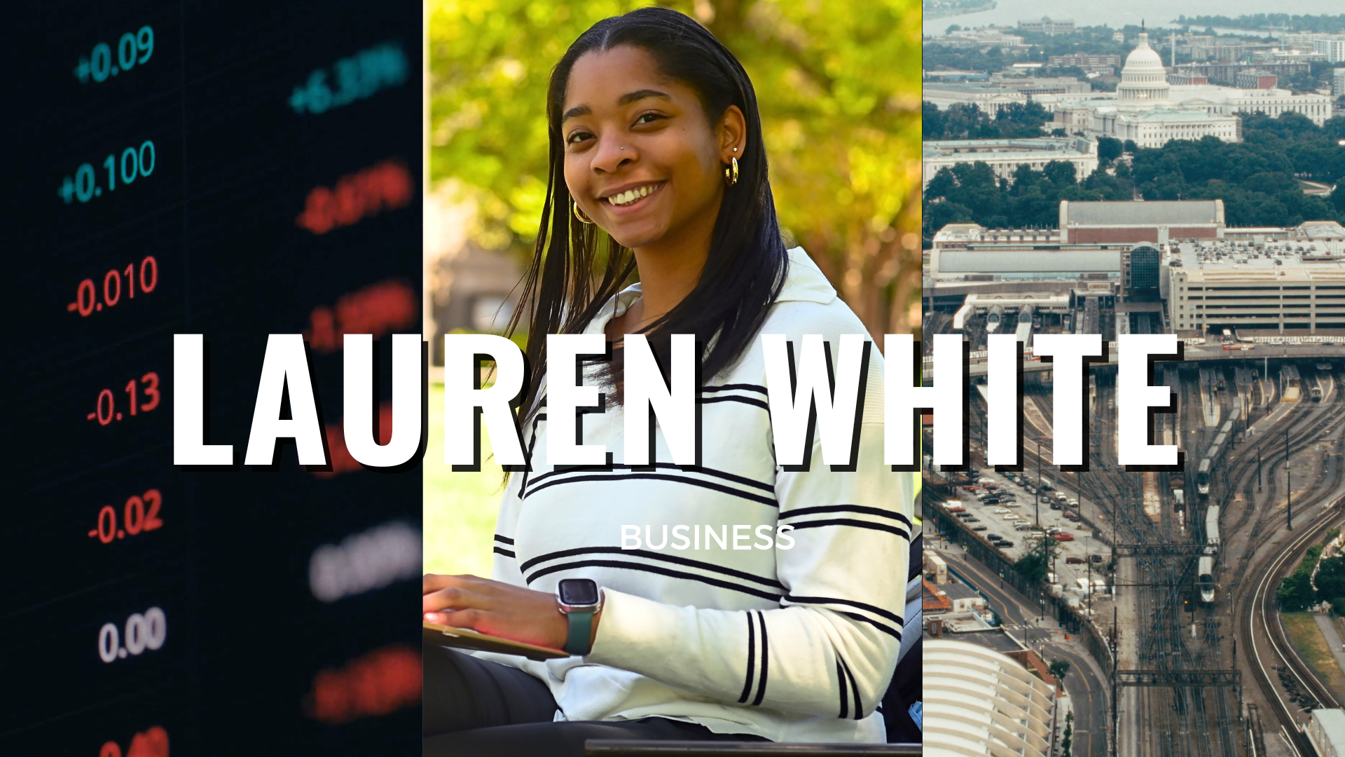 The thumbnail for Lauren White's interview, featuring her photo in the middle, flanked by numbers on a computer and a bird's eye view of Washington, D.C. Her name is in white font across the middle.