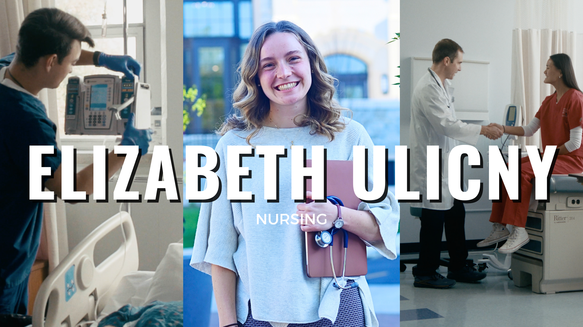 The thumbnail for Elizabeth Ulicny's interview video includes two images of nursing students at work flanking Elizabeth's photo. Her name is in bold white lettering across the image.