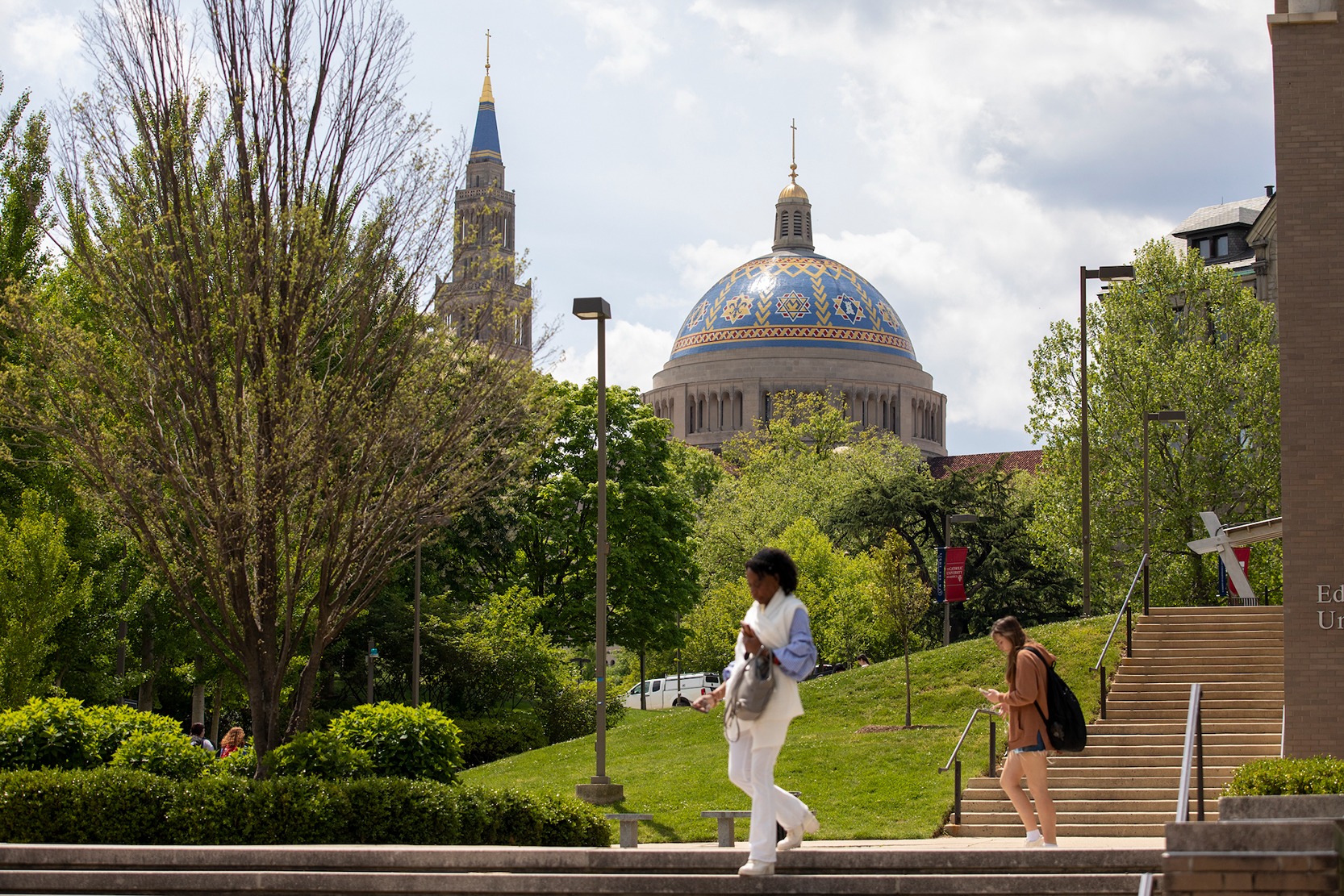 CUA campus with the dome of the Basilica of the National Shrine of the Immaculate Conception in the back