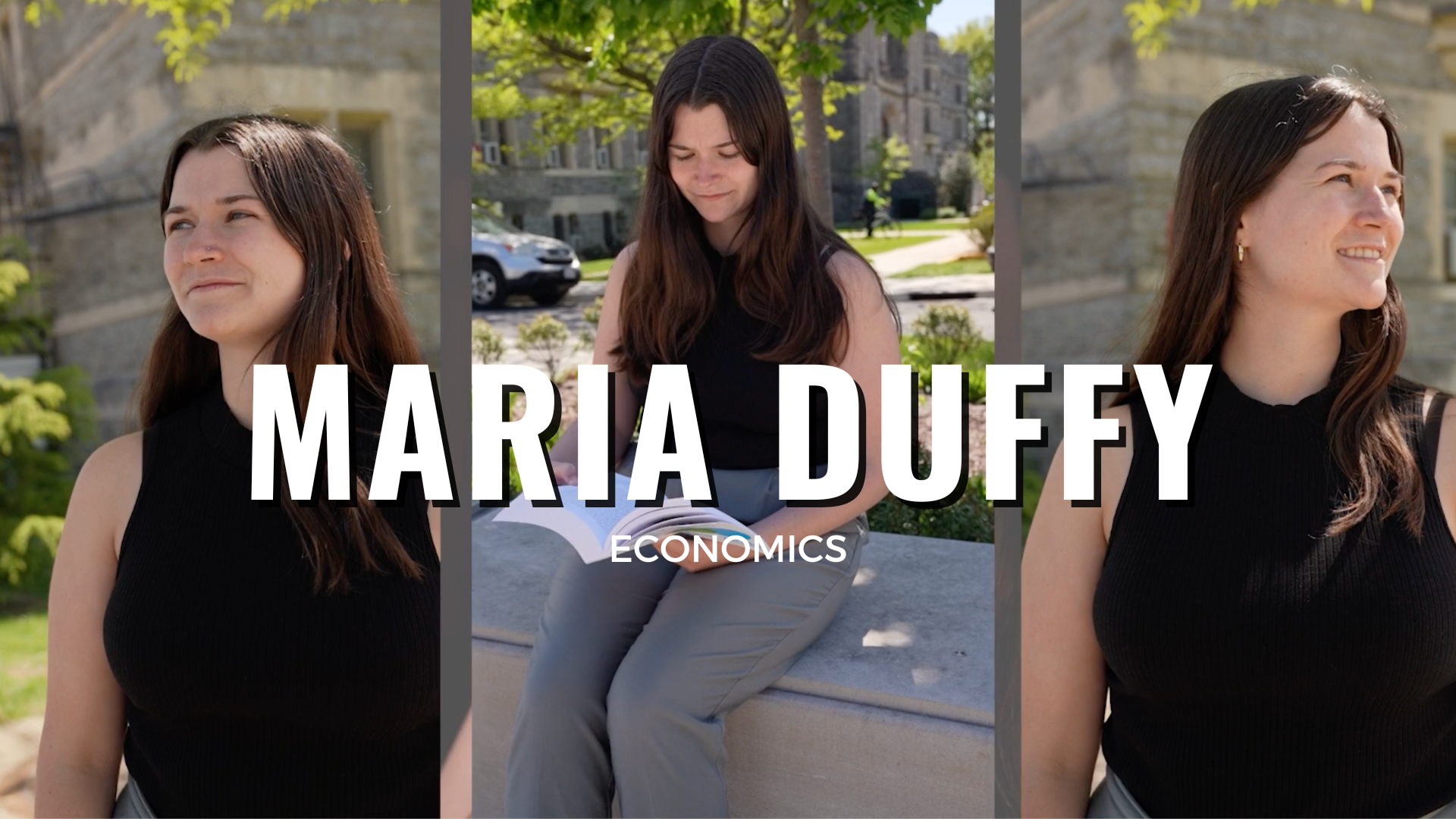 The thumbnail image of Maria Duffy's interview includes three separate image of her with her name in bold white lettering in the center of the image.