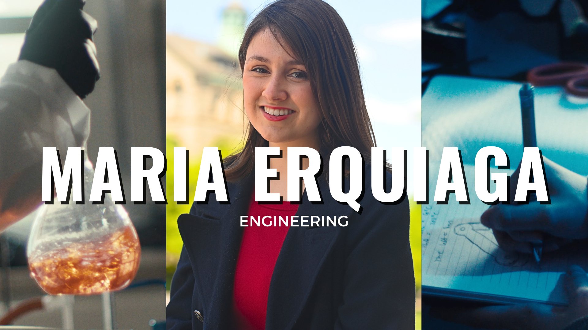 The thumbnail for Maria Erquiaga's interview features images of chemistry and engineering classrooms with her photo in the center. Her name is in the center in bold, white font.