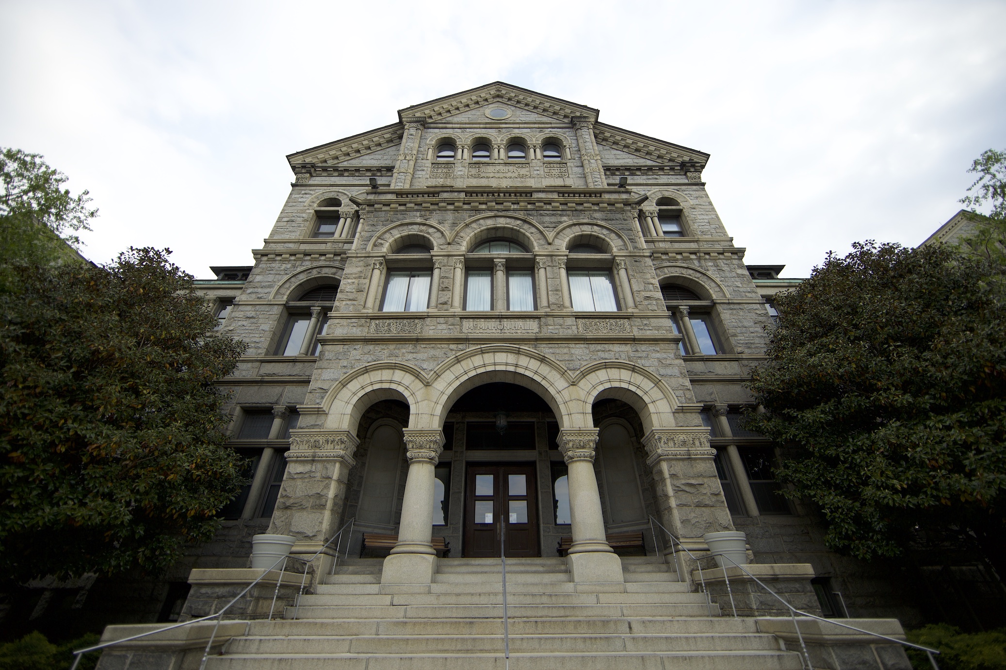 bottom up view of the front door of McMahon