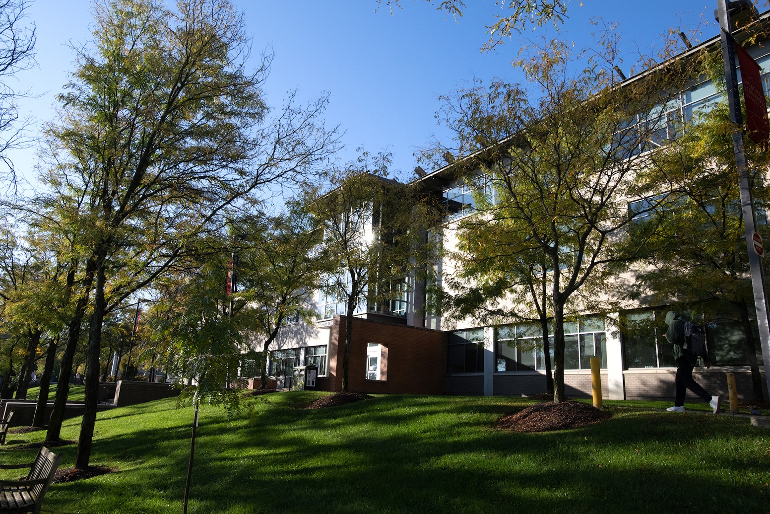 exterior of the pryzbyla university center surrounded by trees