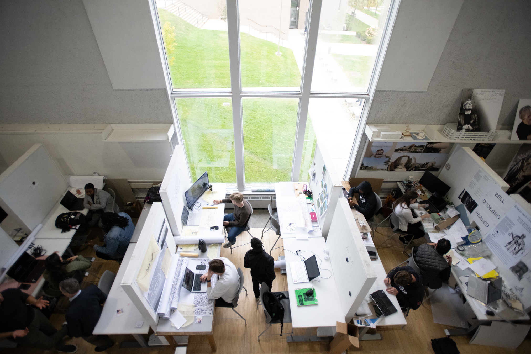 overlooking a classroom with tall windows