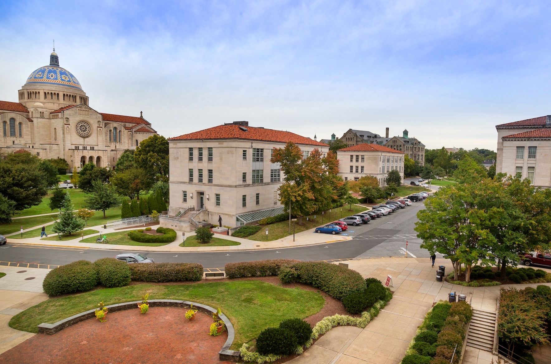 view of campus buildings, green space, and the basilica of the national shrine of the immaculate conception