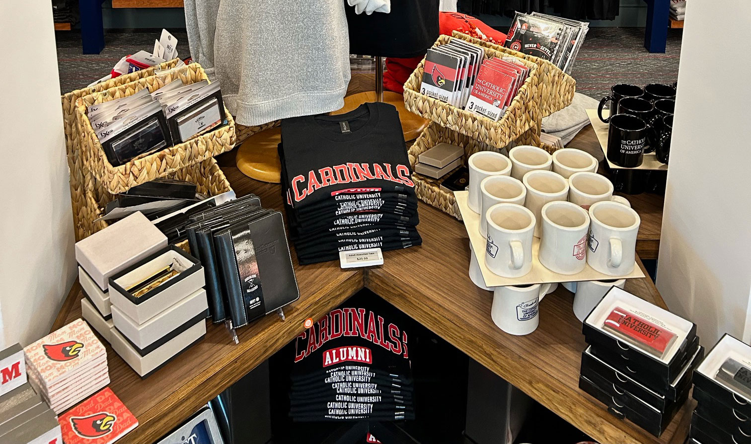 Table display with campus gear in the Cardinal Shop.