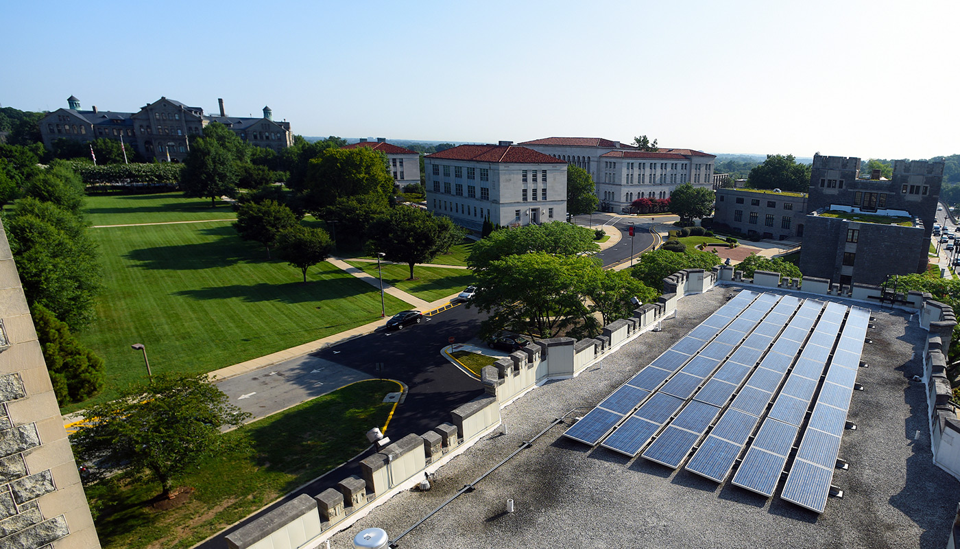 aerial view of roof solar panels on campus building