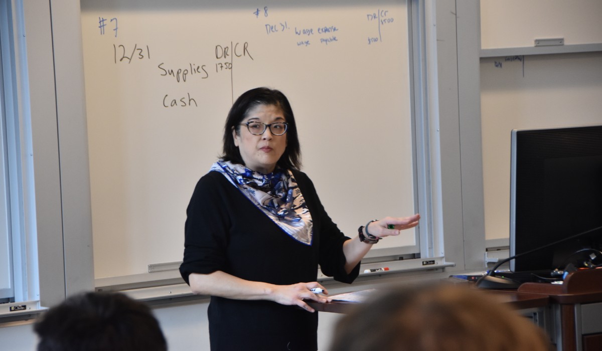 Accounting professor teaching students in the classroom.