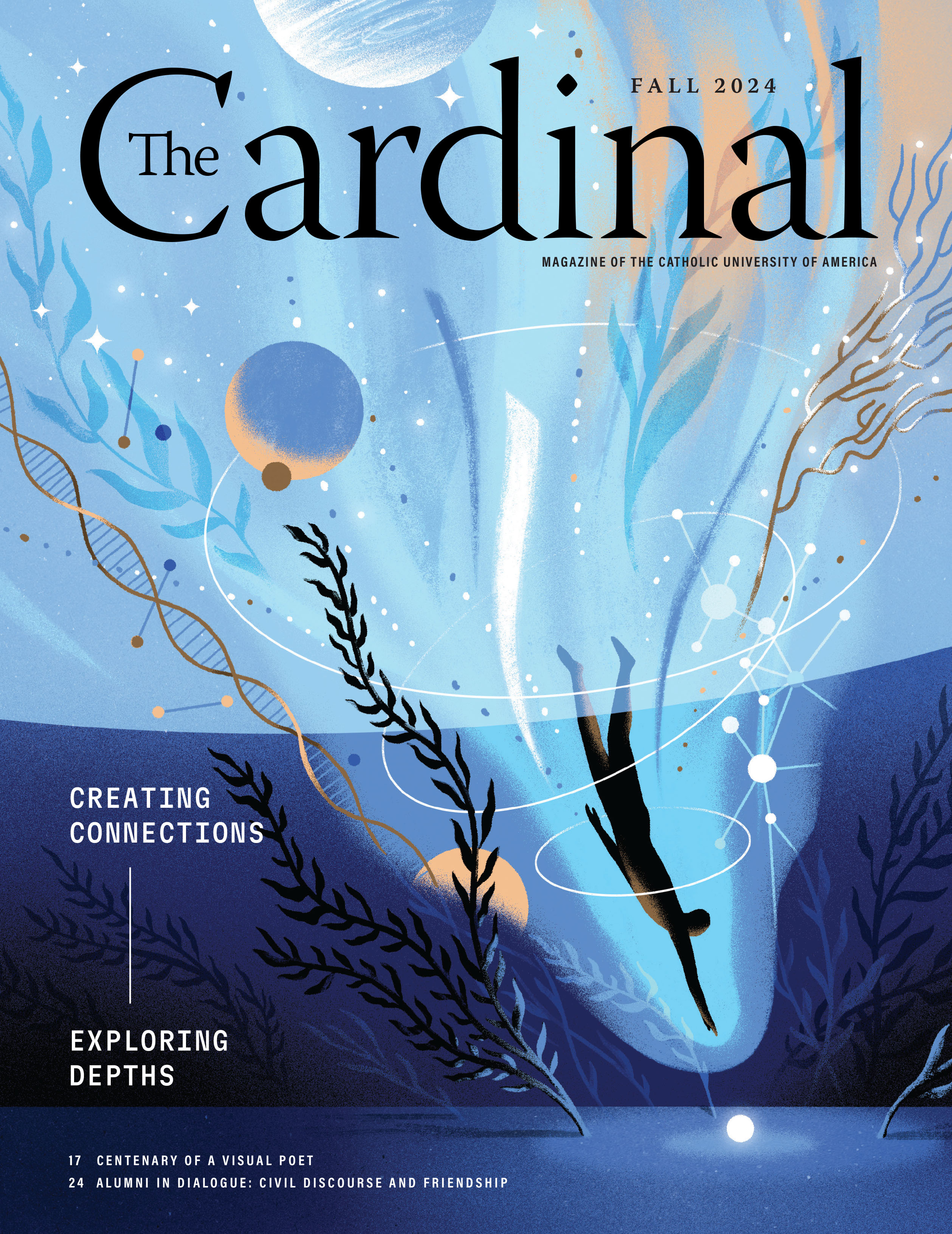 The Cardinal Fall 2024 cover features an illustration of a person diving into water, reaching for a glowing yellow ball of light.