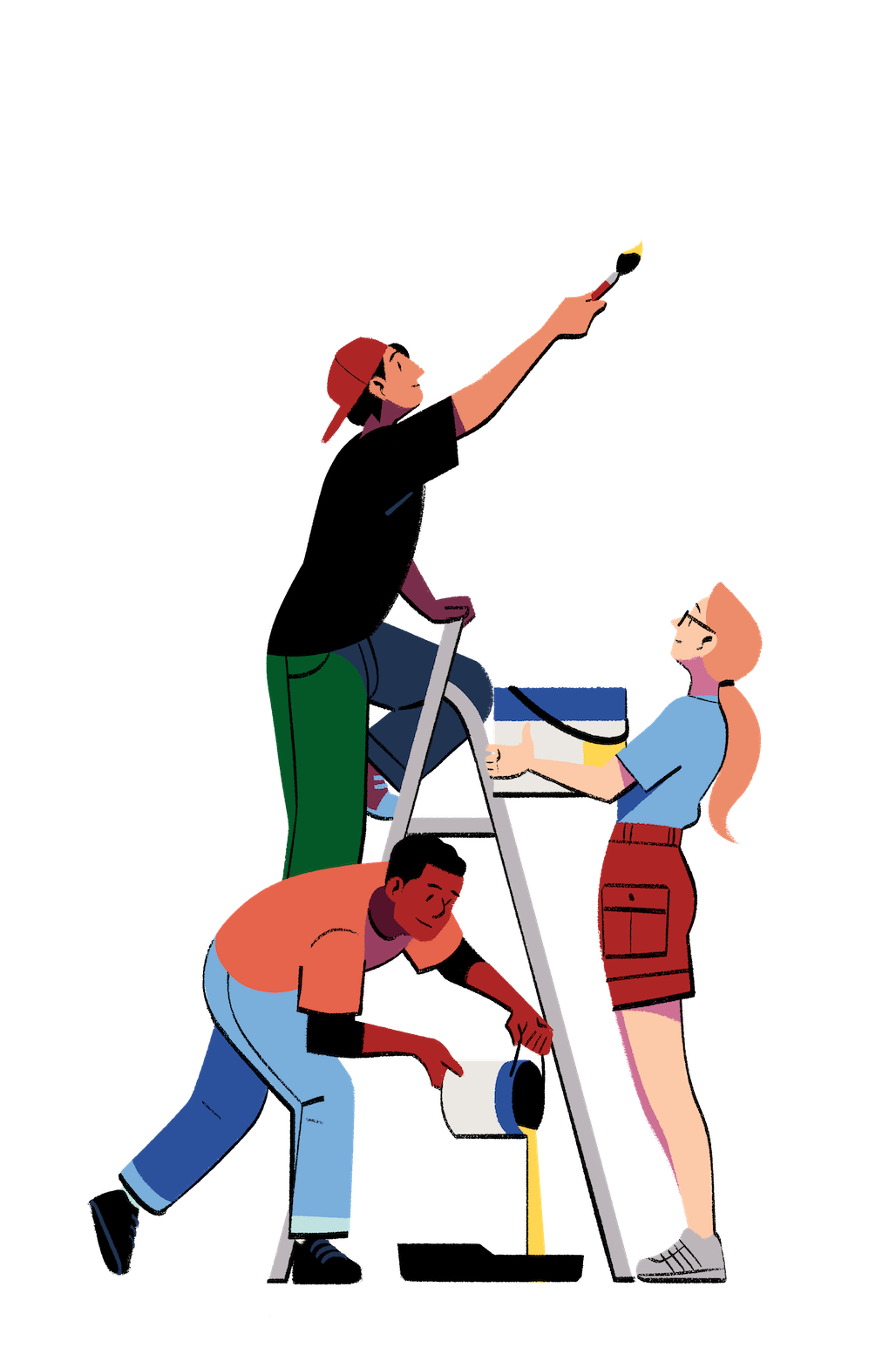 cartoon illustration of 3 students painting and 1 on a ladder