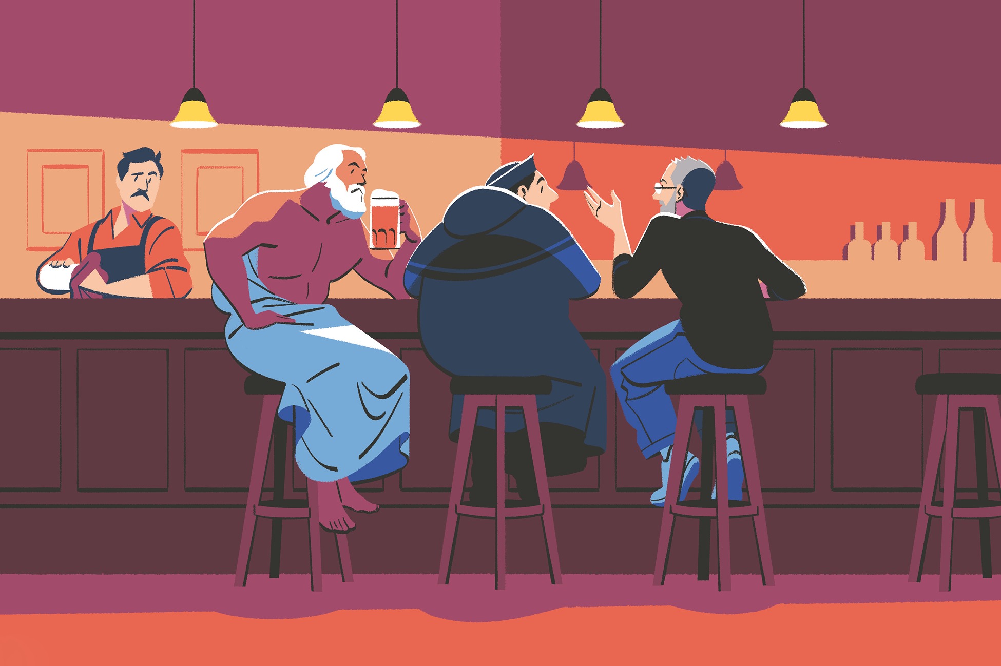 Illustration of Socrates, Thomas Aquinas, and Steve Jobs conversing at a bar