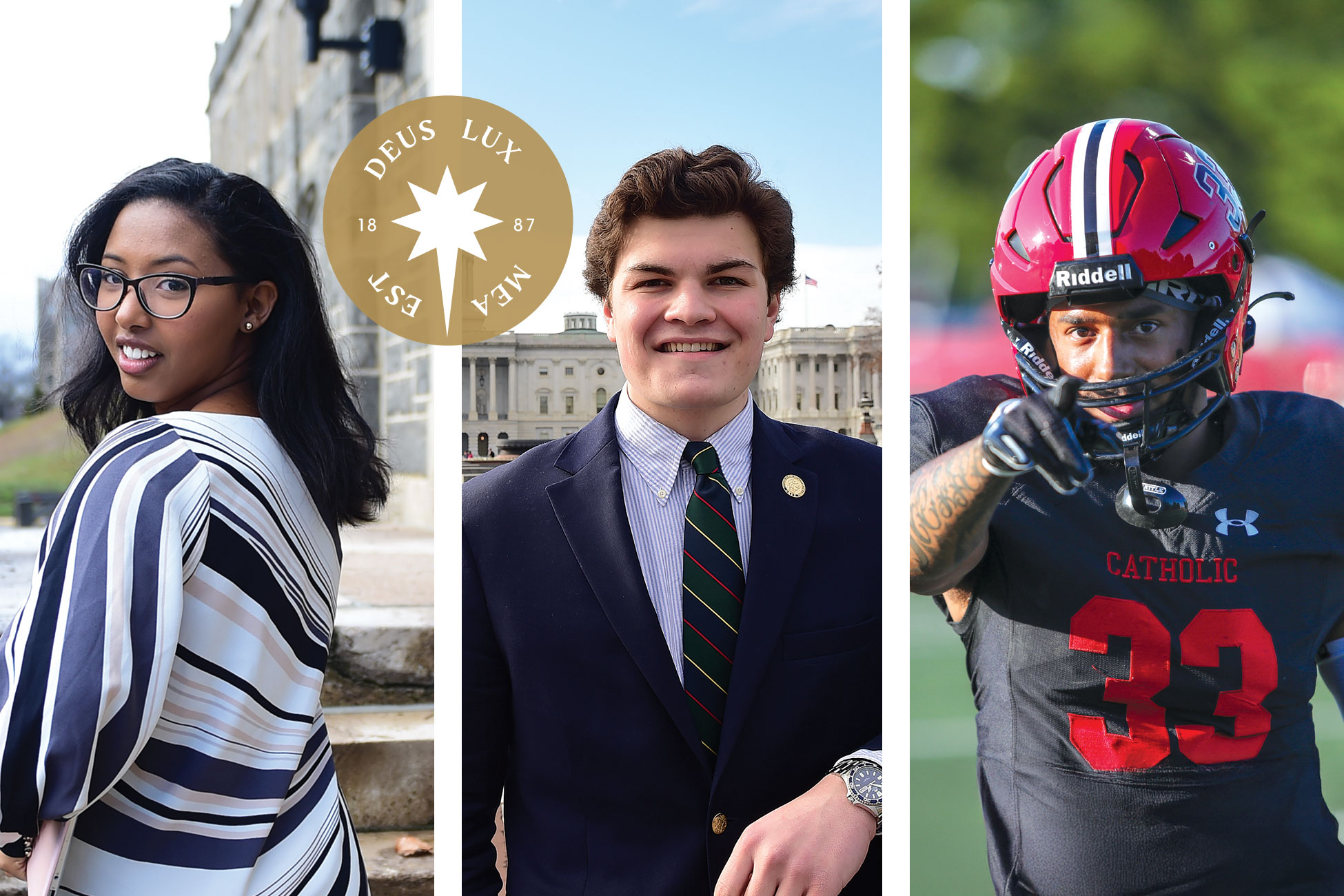 Three students at Catholic University and the CUA holy star.