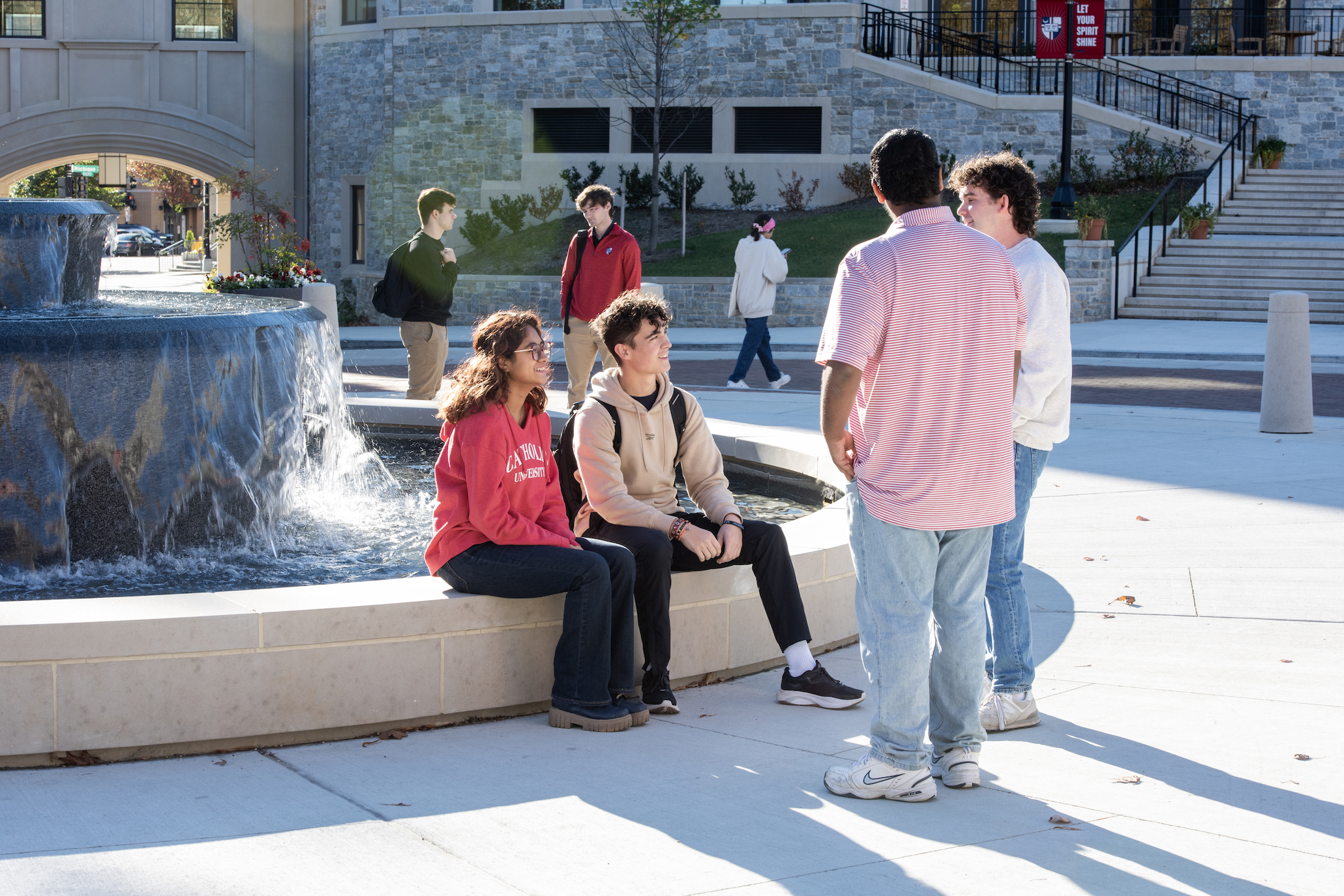 Students congregating in front of Conway fountain