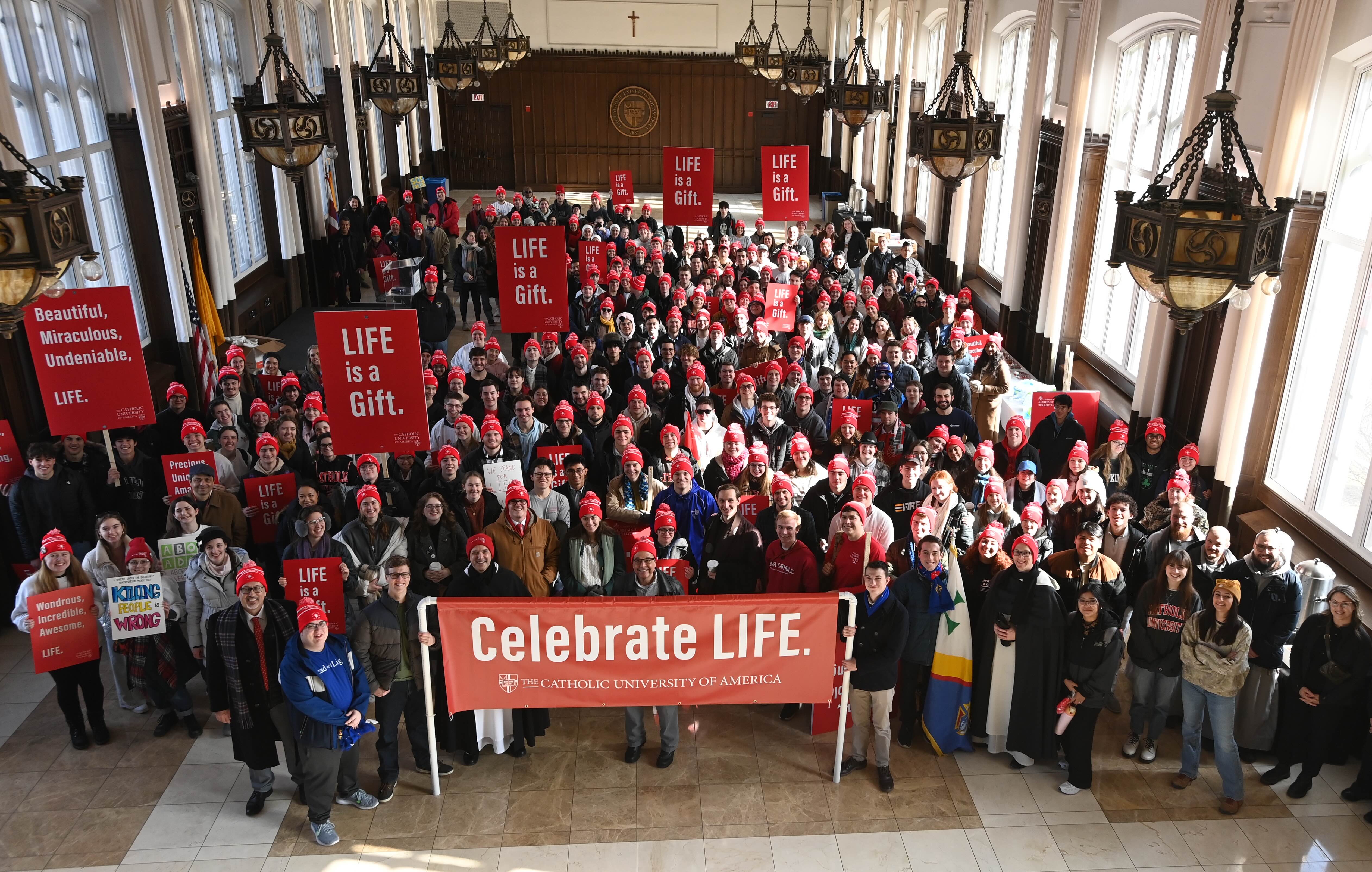 Catholic University students attend a rally on campus for the 2025 March for Life