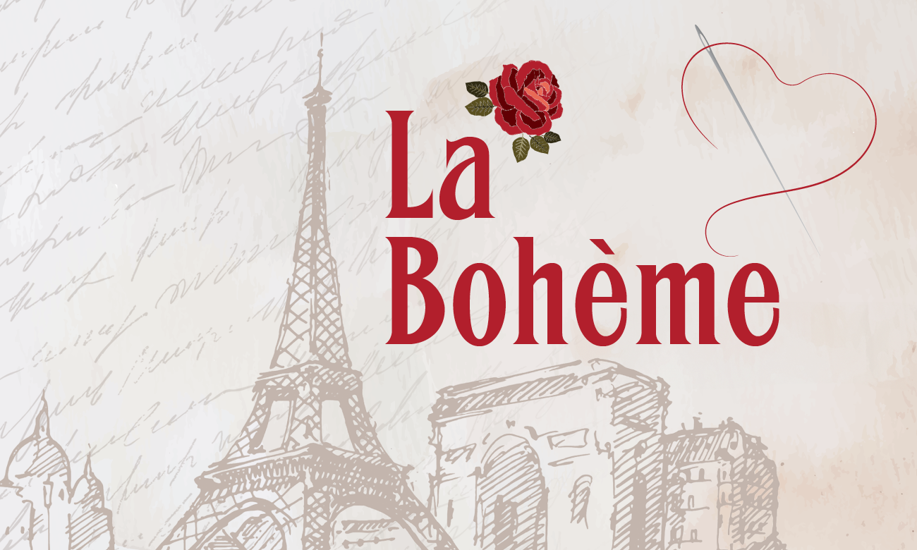 The Paris skyline is replicated in soft sepia tones, with bold red lettering for the title of La Bohème. Above the title is a red rose.