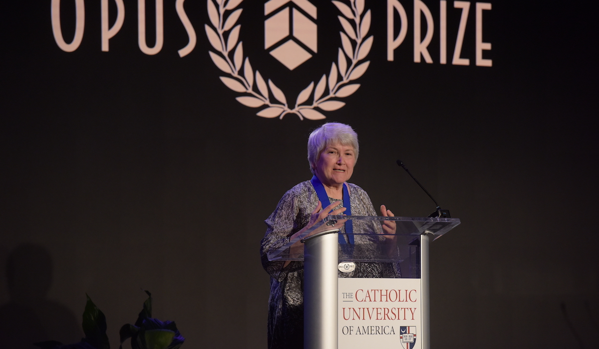 Sr. Annie Credidio, BVM thanks the Opus Prize for providing the means to continue the ministry of Damien House.