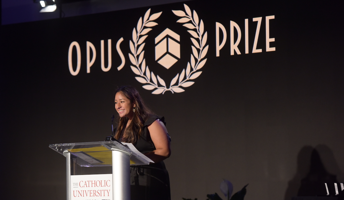 Opus Prize University student ambassador Darby Drake speaks at the awards ceremony.