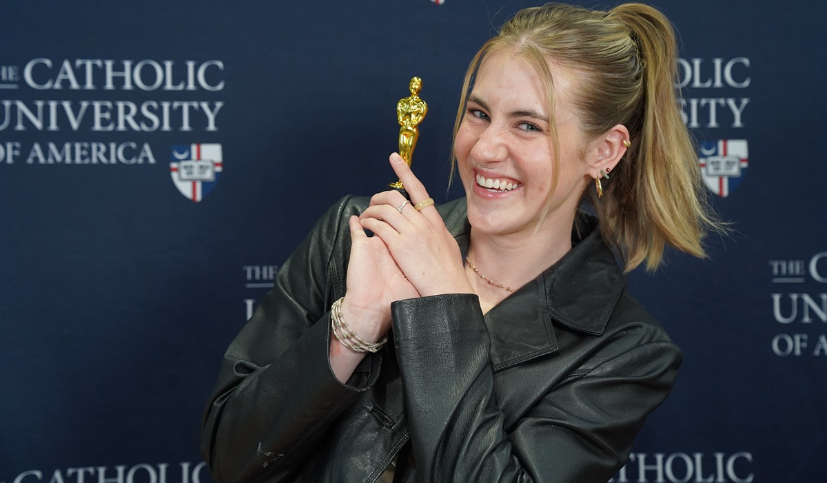 Student filmmaker Ellie Bixenman poses on the red carpet (Catholic University/Katie Chmielewski)