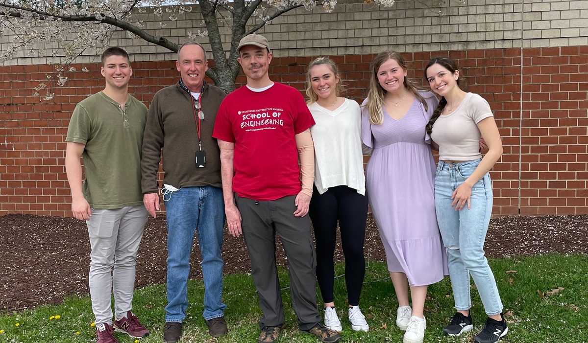 Pictured from left to right are Ryan Walczak; project advisor and Biomedical Engineering Clinical Associate Professor Gregory Behrmann; Army veteran Eric Lund; Margaret Brautigan; Elizabeth Caufield; and Madison Hughes. All, except Lund and Behrmann, are biomedical engineering juniors. (Photo Courtesy: Madison Hughes)