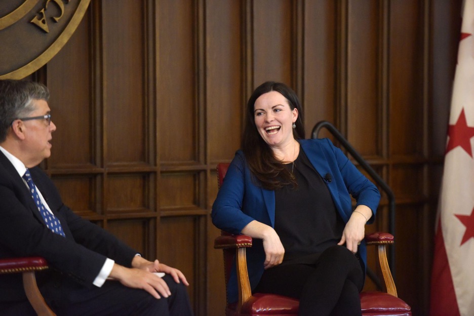 President Kilpatrick speaking with Abigail Favale during the presidential speaker series